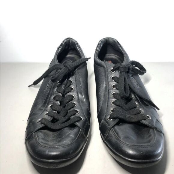 Prada Black Leather Lace Up Casual Low Top Sneaker Shoes Men’s Sz 10.5M US/44EU - Picture 2 of 14